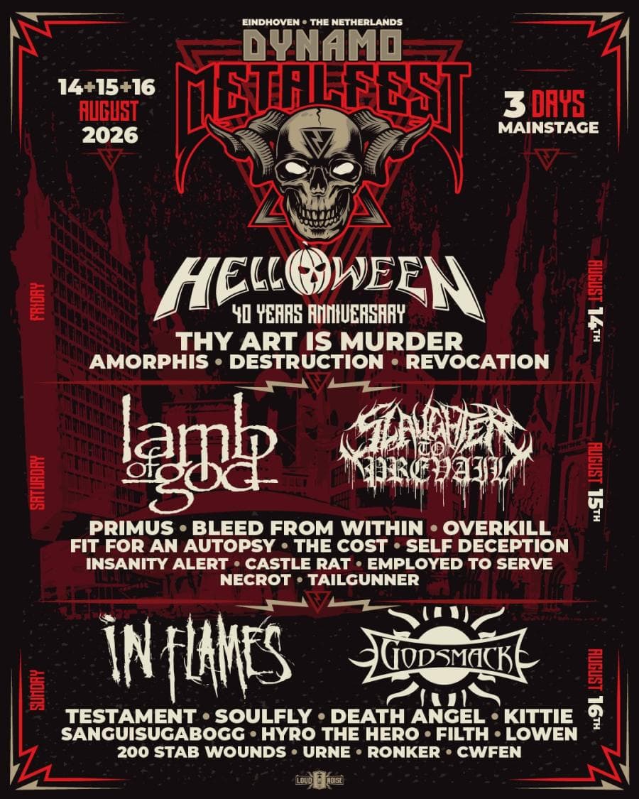 Helloween · In Flames · Lamb of God · Amorphis · Death Angel · Destruction · Overkill · Sanguisugabogg · Soulfly · Testament · Thy Art Is Murder
