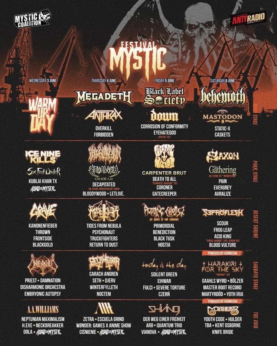 Behemoth · Black Label Society · Megadeth · Coroner · Decapitated · Der Weg einer Freiheit · Electric Wizard · Gatecreeper · Grave · Marduk · Mastodon · Septicflesh · Unleashed · Anthrax · Benediction · Blood Incantation · Cavalera Conspiracy · Eyehategod · Forbidden · Hulder · Noctem · Overkill · Primordial · Saxon · Severe Torture · Shining · Six Feet Under · Winterfylleth · Yoth Iria